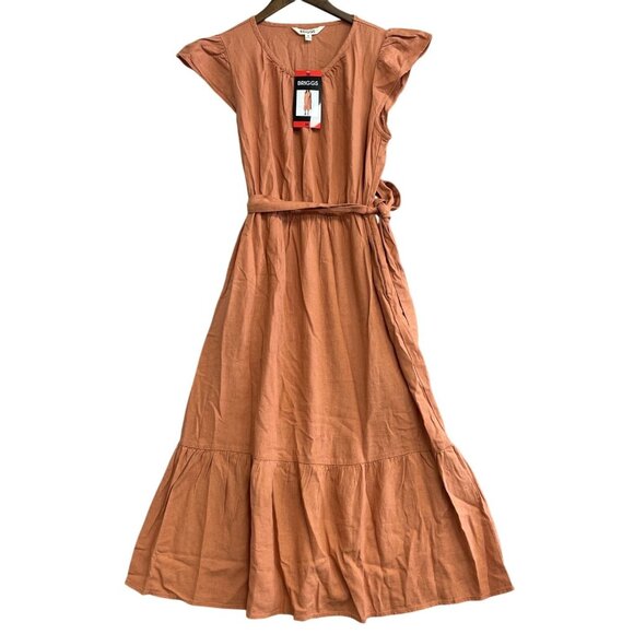NEW Briggs Women's M Flutter Sleeve Linen Blend Midi SunDress Rust Orange - Picture 5 of 12